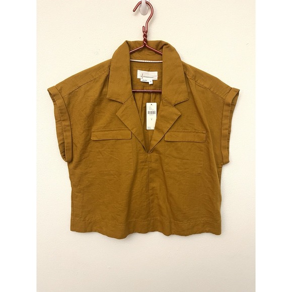 New! ANTHROPOLOGIE Cropped Utility Linen Cotton Pullover Top Cedar Mustard M - Picture 2 of 10